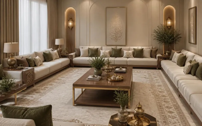 ديكور مجلس عربي مودرن بألوان طبيعية: جدران بيج رملي مع كنب كريمي وسجادة بيج وبني وخشب متوسط ولمسات زيتونية