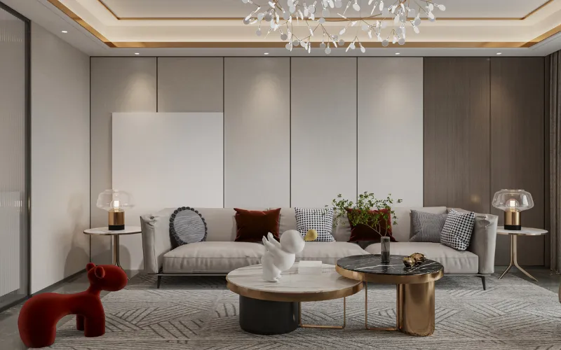 تصميم غرفة معيشة بكنب بيج وحائط شيبورد بيج وبني