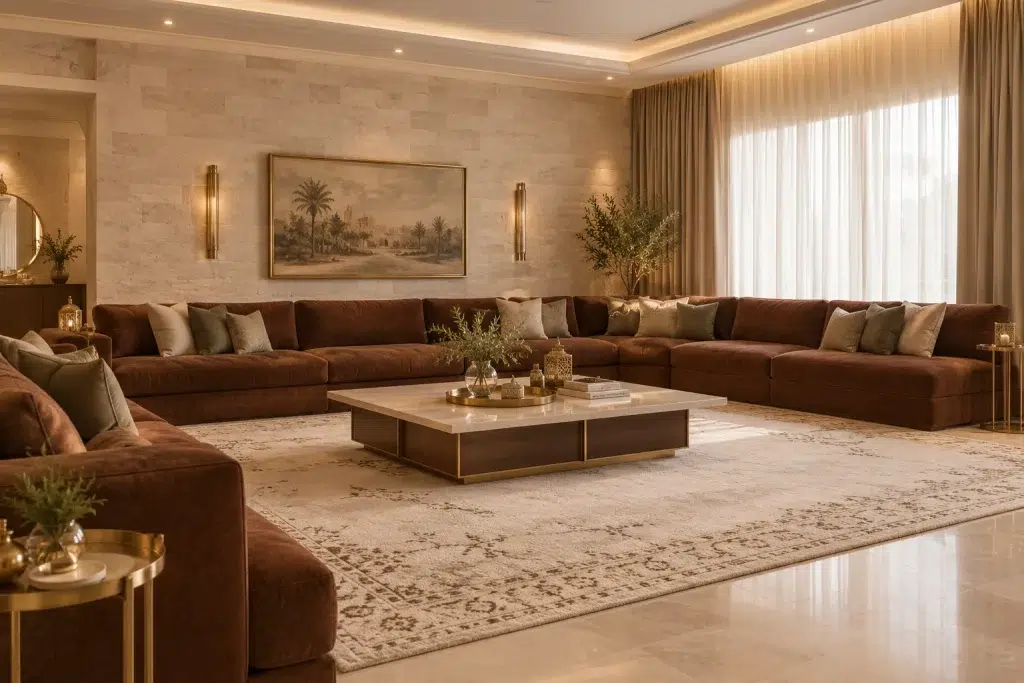 تنسيق الكنب البني المحمر مع البيج والذهبي في مجلس عربي فاخر