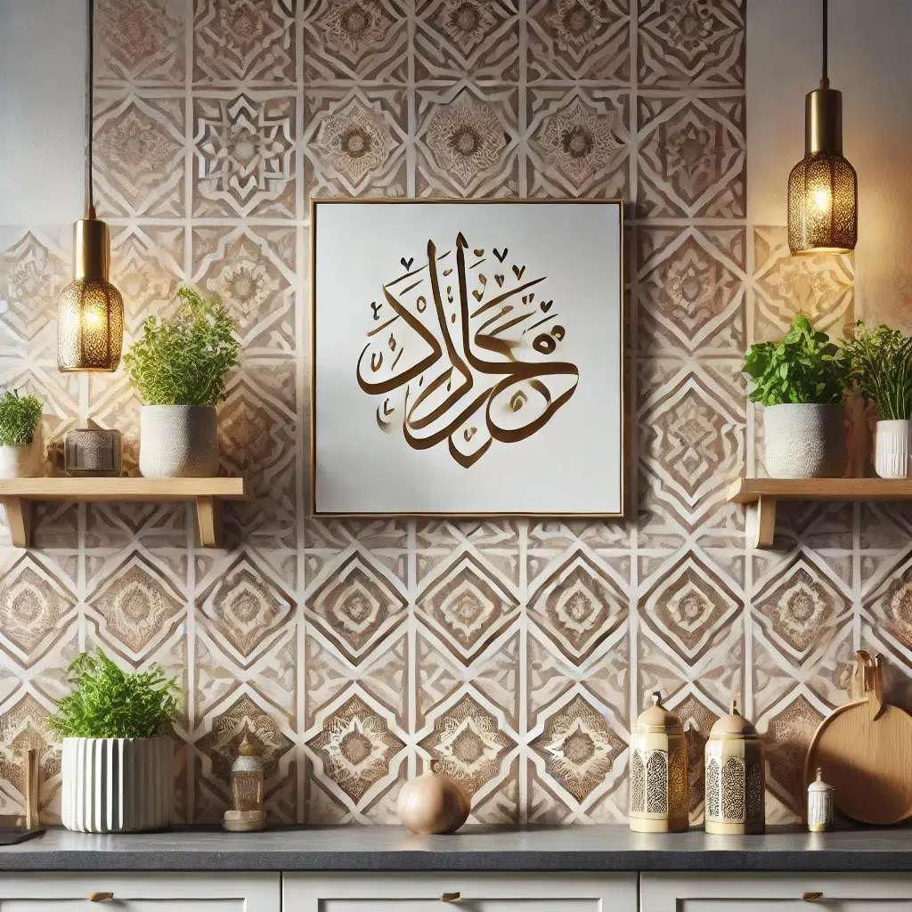 8 أفكار مميزة لتزيين المطبخ في رمضان 11 DALL·E 2025 01 20 16.32.44 A beautifully decorated kitchen wall for Ramadan featuring subtle Islamic geometric patterns Arabic calligraphy artwork and a modern aesthetic. The 15 1