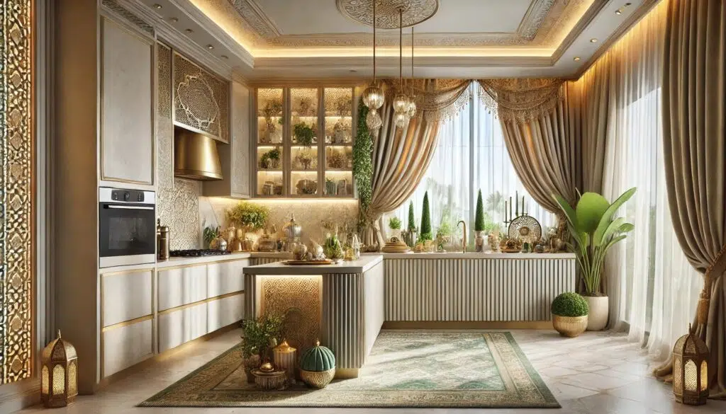 8 أفكار مميزة لتزيين المطبخ في رمضان 6 DALL·E 2025 01 20 16.34.20 A luxurious and spacious modern kitchen fully decorated for Ramadan. The kitchen features a large window with elegant curtains in beige and gold allo 16