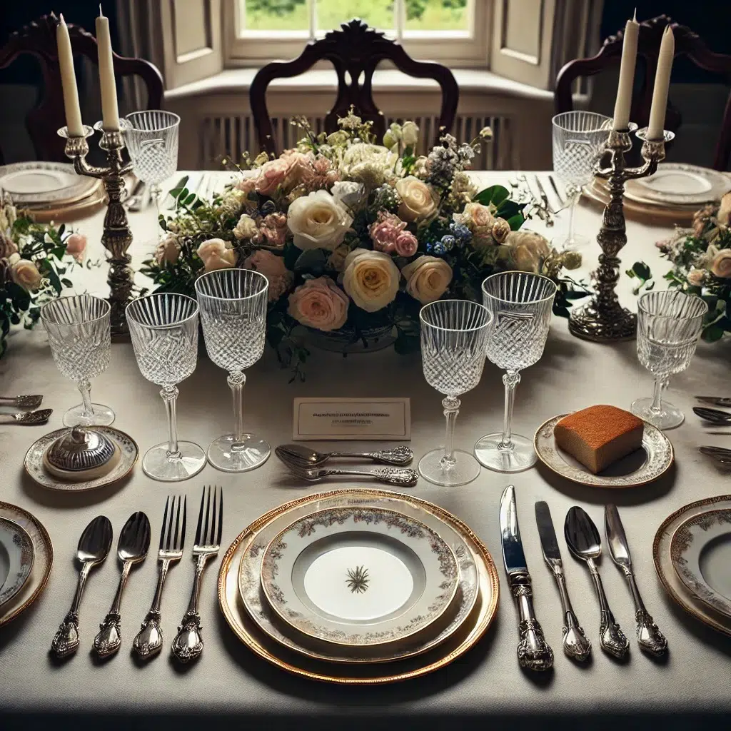 اتيكيت ترتيب السفرة بين الأناقة التقليدية واللمسات العصرية 8 DALL·E 2025 01 31 15.58.55 A luxurious dining table set in the English etiquette style. The table features fine china plates with silverware arranged meticulously. Forks are pl 20