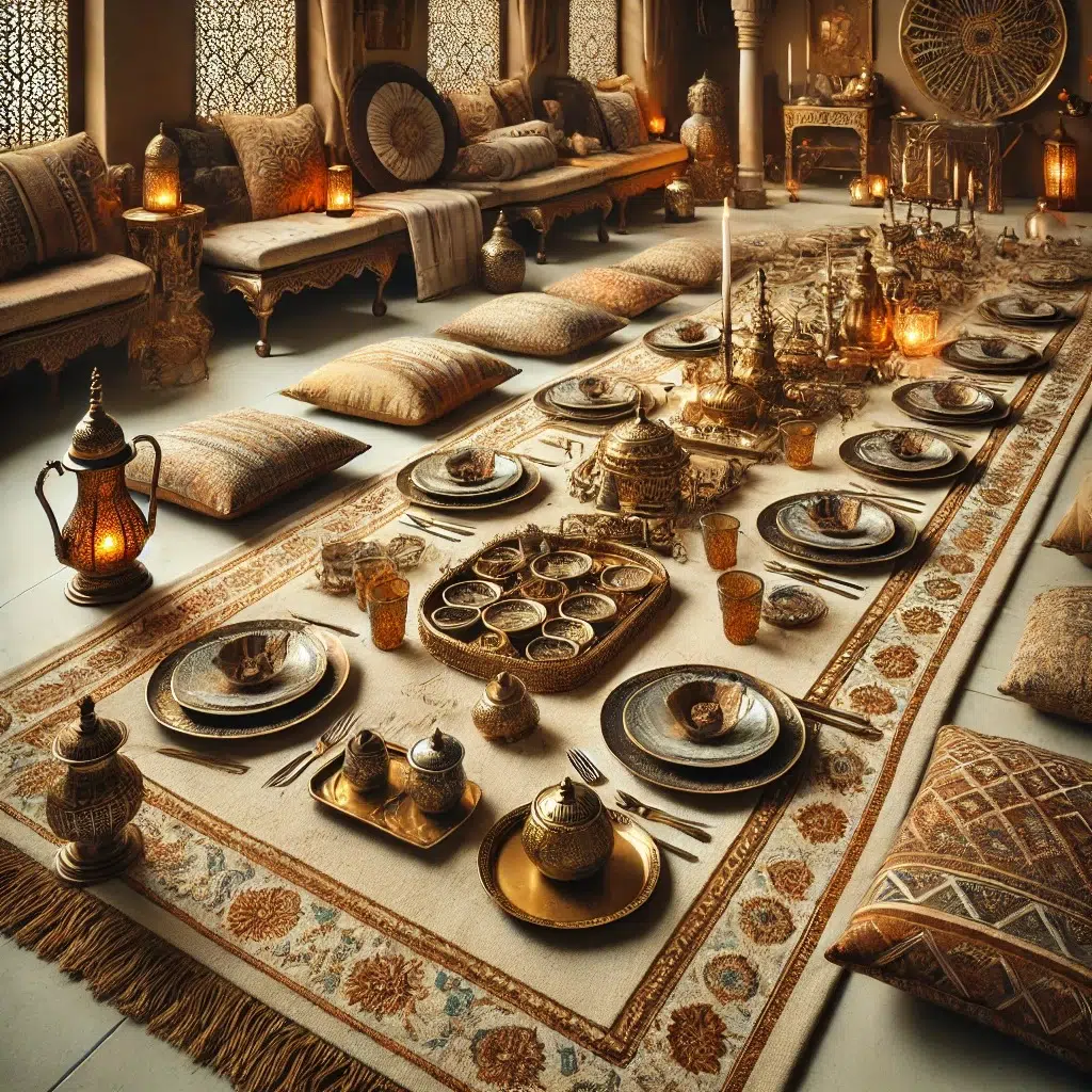 اتيكيت ترتيب السفرة بين الأناقة التقليدية واللمسات العصرية 9 DALL·E 2025 01 31 16.00.00 A beautifully arranged traditional Arabic style floor dining setup with a touch of modern elegance. A luxurious embroidered dining cloth is spread on 21