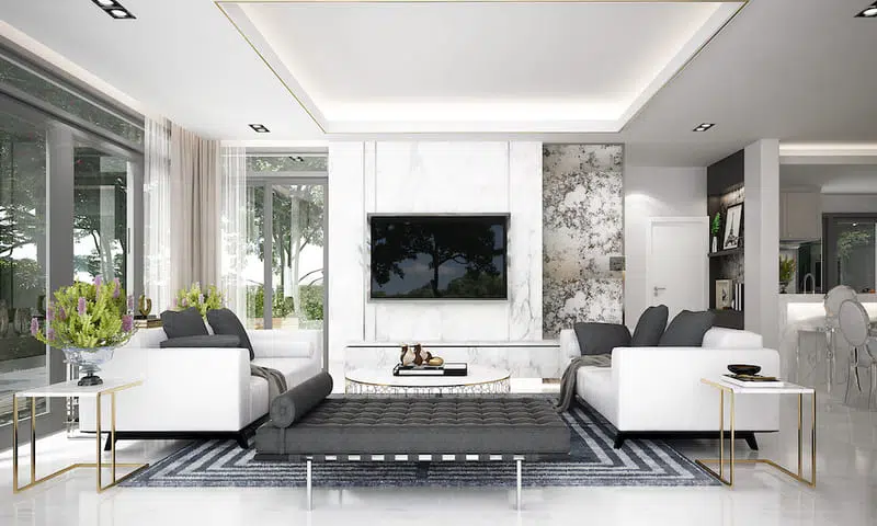 زوم حول تأثير اللون الرمادي في الديكور والألوان 11 الأكثر ملاءمة 5 Modern Design Style Open Living Space with Living Room Kitchen and Dinning Room in white grey brass and chrome