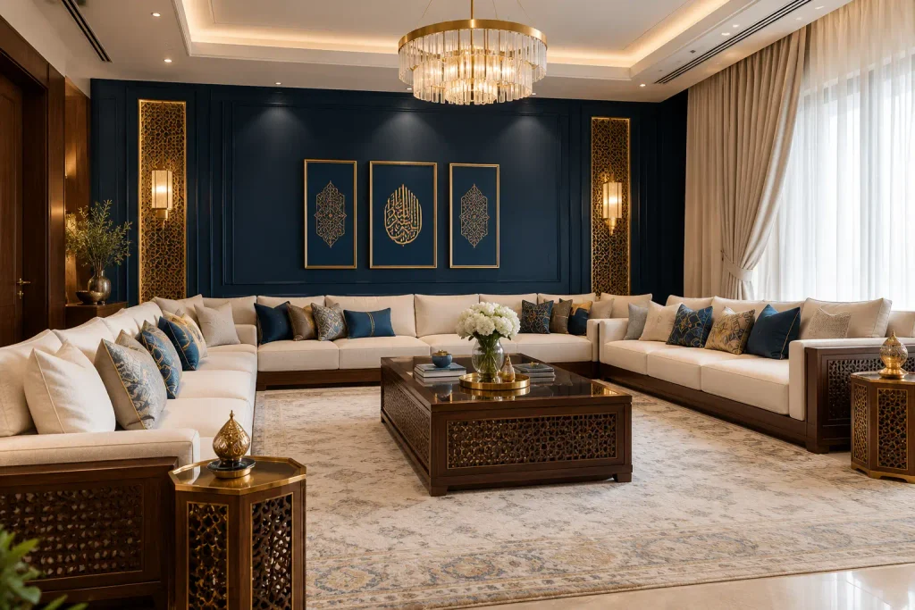 مجلس بكنب بيج ولمسات زرقاء داكنة وجدار أزرق وإكسسوارات ذهبية وأثاث خشبي