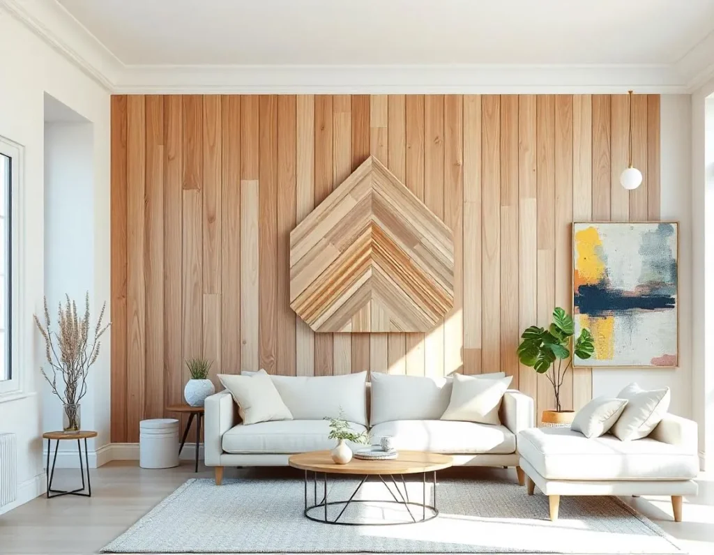 تكسيات خشبية داخلية: دليل شامل لاختيار الأنسب لمنزلك 11 salon avec deco murale bois tendance 15 11zon