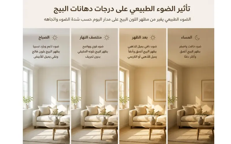 مقارنة ظهور درجات دهان بيج تحت إضاءات طبيعية مختلفة